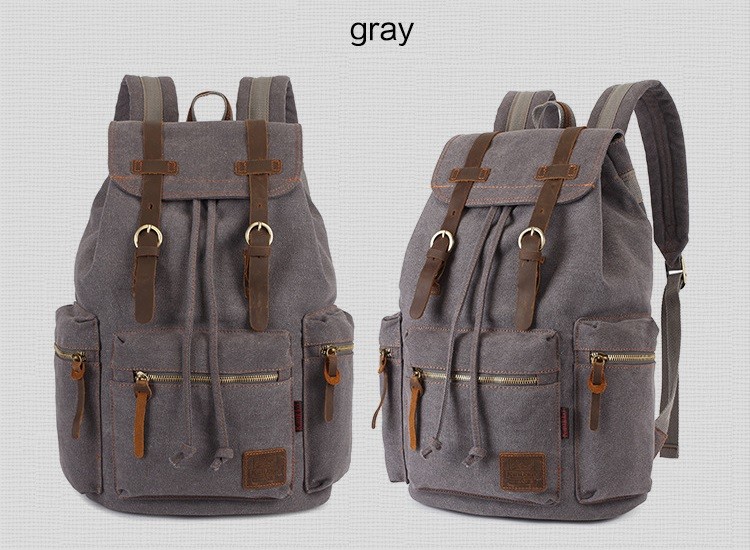 Large Travel Hiking Drawstring Canvas Leather Backpack Women'S Unisex
