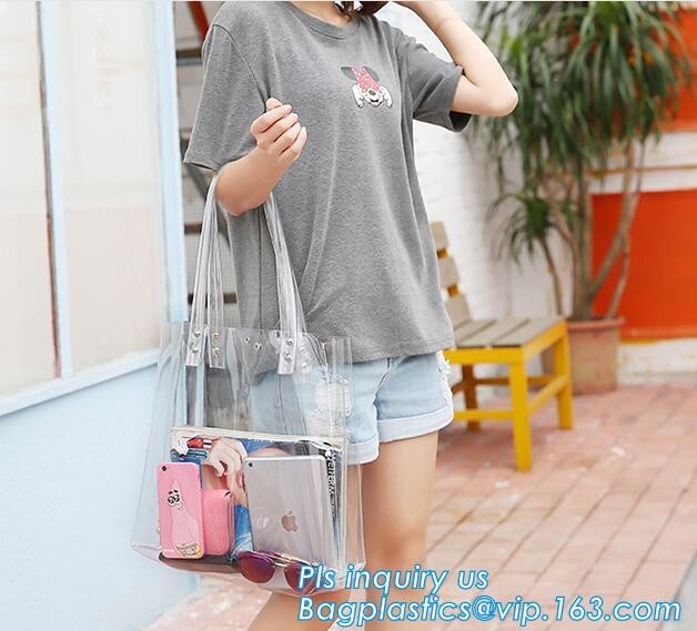 Tote Bags PVC Beach Lash Package Tote Shoulder Bag with Interior Pocket, Waterproof Semi-clear Tote Bags Stripe PVC Shou