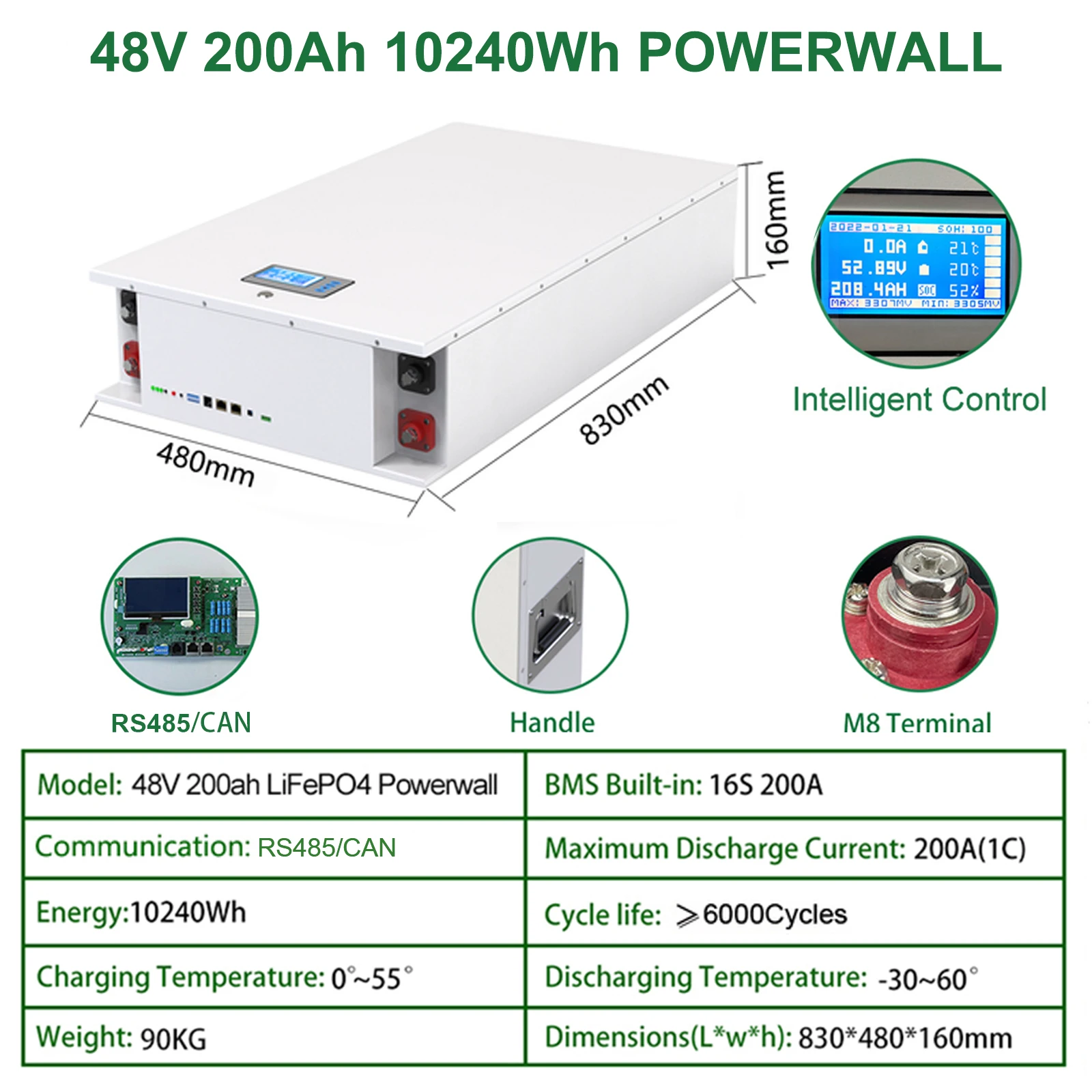 48V 200Ah Powerwall 10Kwh LiFePO4 Battery Built-In 200A BMS CAN RS485 51.2V 6000+ Cycles 10 Years Warranty For Solar Off