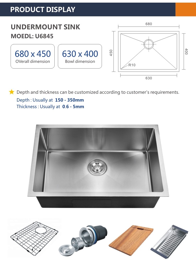 68x45 Undermount 16 Gauge Single Bowl Stainless Steel Kitchen Sinks