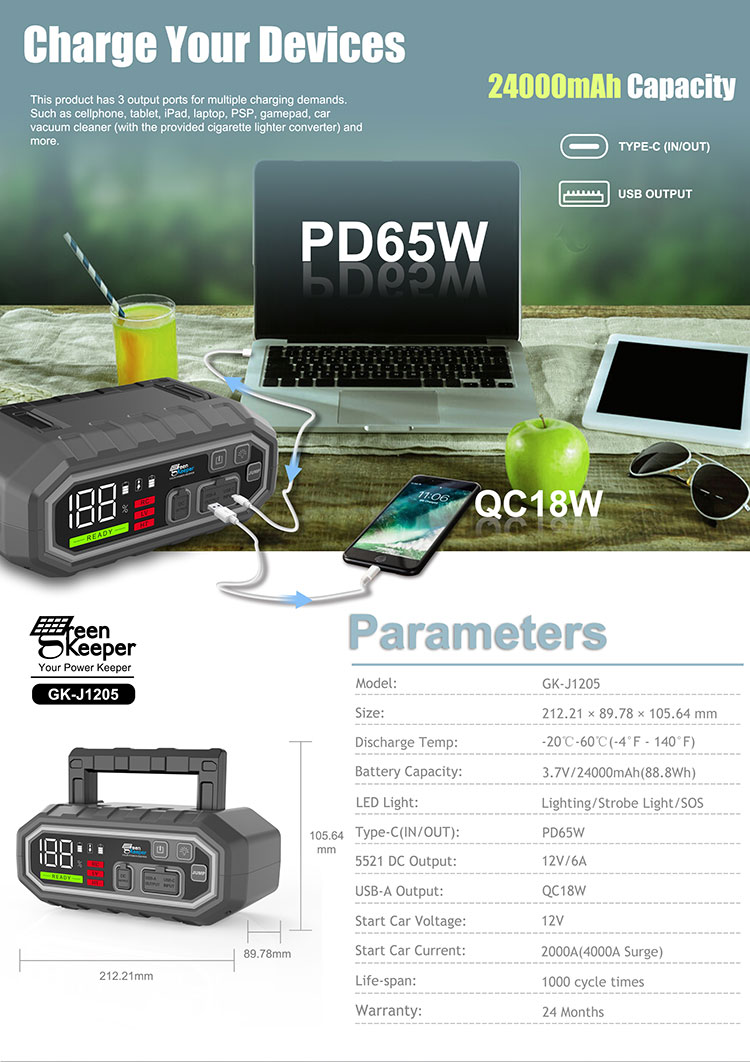 24000mAh 12V Portable Jump Starter For Car Green Keeper 2024 with LED Light Function