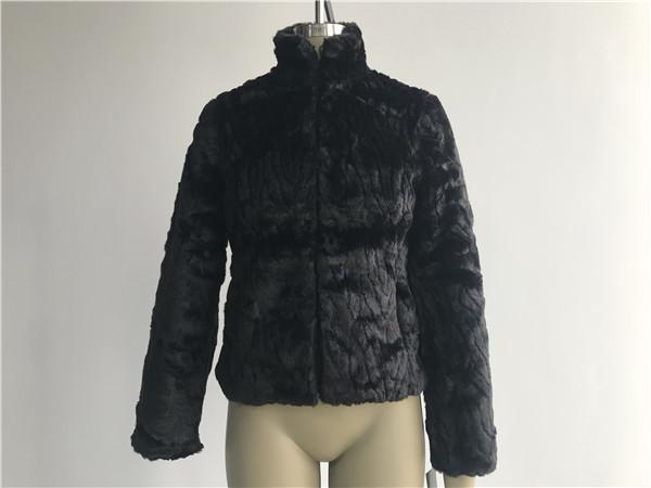 Womens Black Textured Faux Fur Chubby Coat With Funnel Collar High Fashion