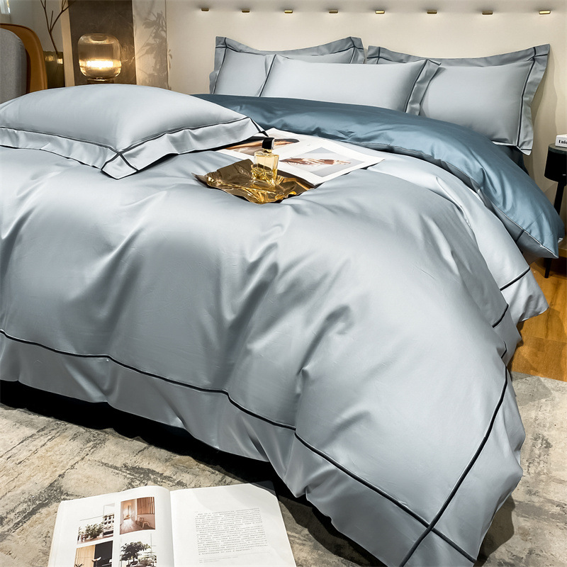Home 200-Count Tencel Embroidered Double-Sided Ice Silk Sheets and Silk Smooth Nude Quilt Bedding Set