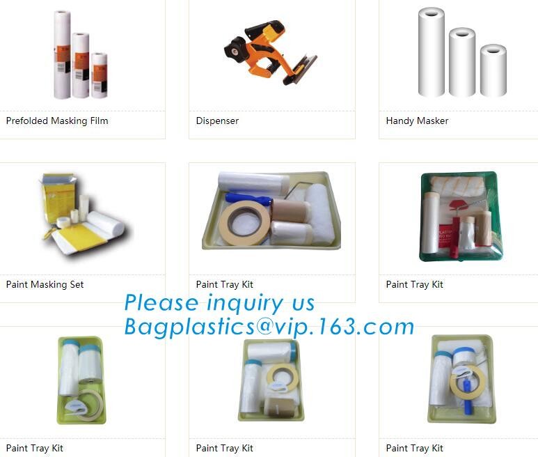 Disposable PE pre-taped self static cling masking film, Cover mask plastic drop film PE protection film with tape, BAGEA
