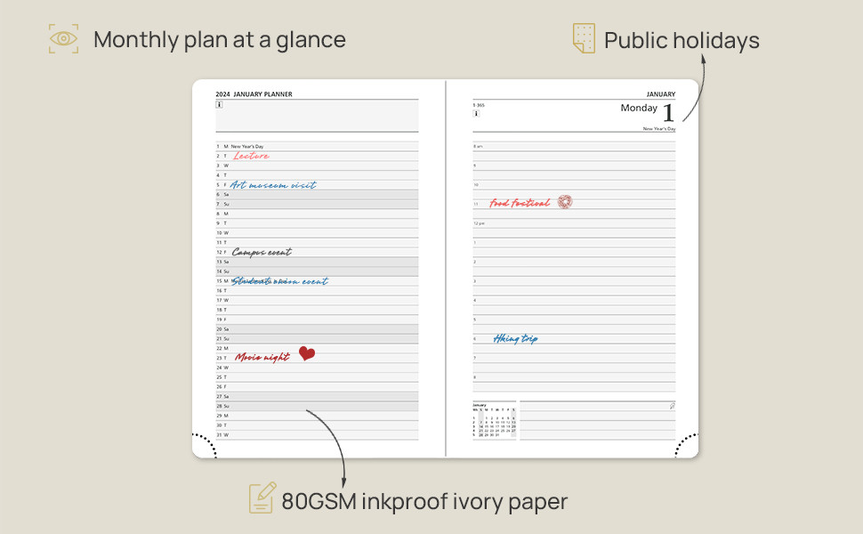 July 2023 June 2024 Hardcover Academic Daily Planner A5 80GSM FSC Certified Paper