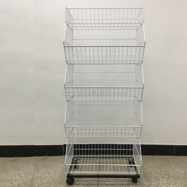 Versatile 5-Tier Metal Wire Basket Stand for Supermarket Snack Display in Metallic