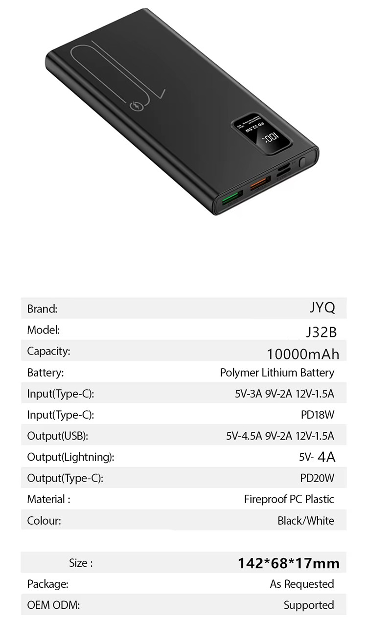 Outdoor Portable 10000mah PowerBank LED Display PD QC3.0 22.5W Fast Charge Slim Power Banks 10000mAh USB-C Charger for iphone 15