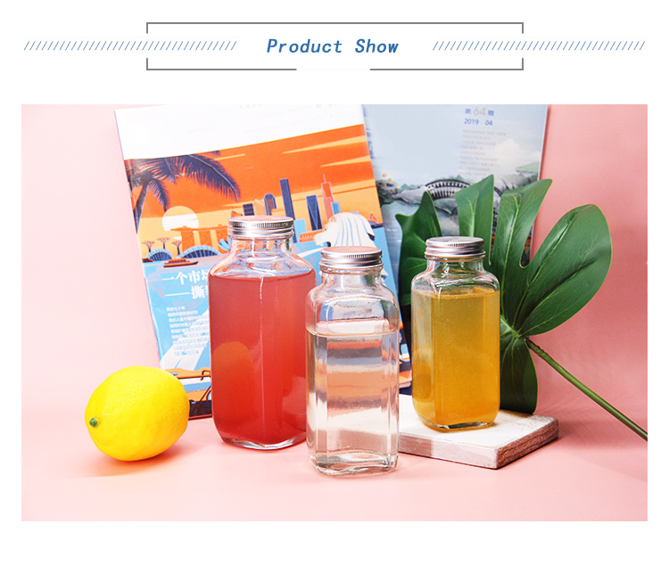 8oz 2oz 16oz French Square Juice Glass Bottles Packaging for Beverage with Plastic Screw Cap
