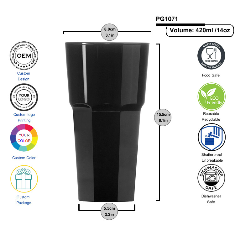 12oz Elite Remedy Polycarbonate Highball Glasses White Black Clear Plastic Rock Glasses