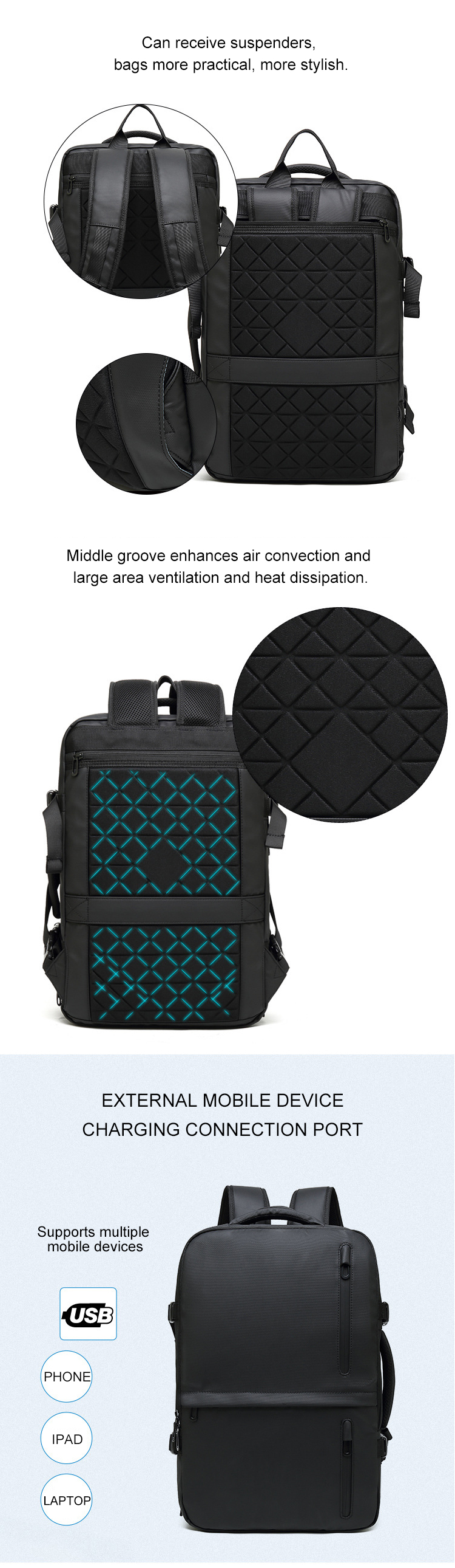 900D Laminating Laptop Travel Multi Functional Backpack 31*26*47cm