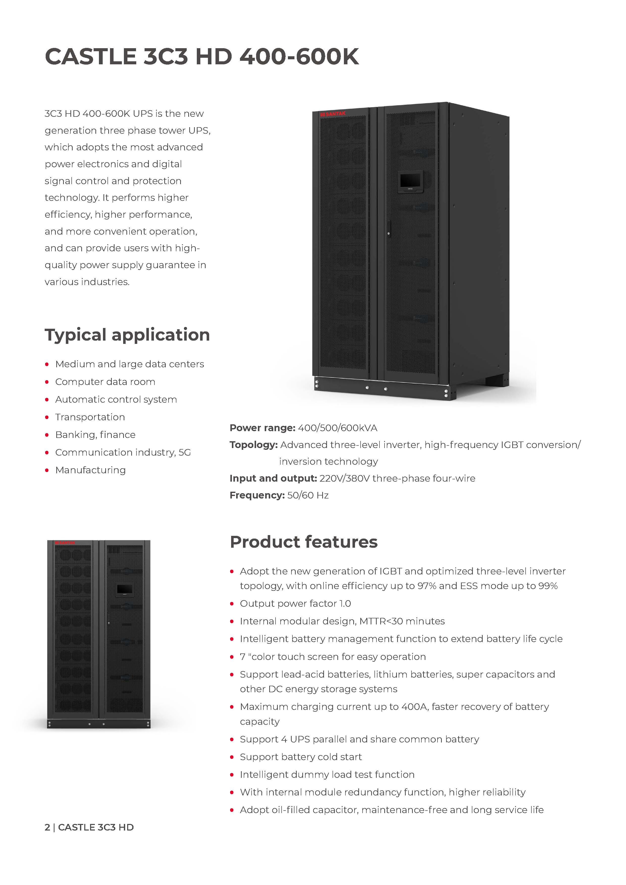 On-line Santak Castle 3C3 HD UPS 300KVA 400KVA 500KVA 600KVA 400V for Data Center Needs