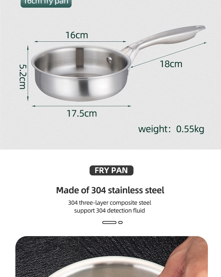 Best Selling 16cm Stainless Steel Polish Induction Fry Pan Cooking Pan Cookware With Removable Handle