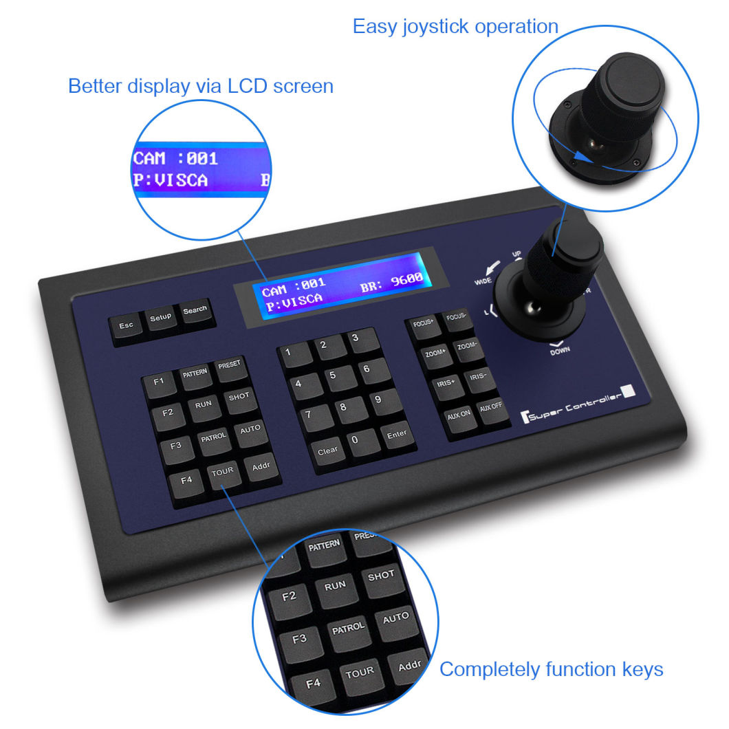 LCD Display PTZ Joystick Controller Keyboard 255 Presets Support
