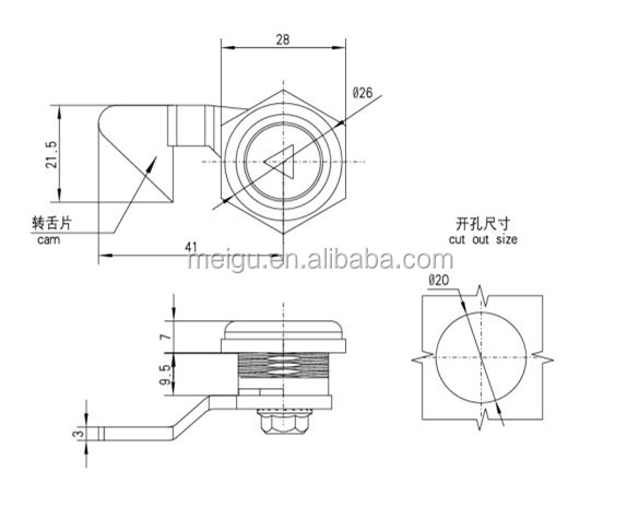 Cabinet Door Triangle Quarter Turn Lock With Hook Steel Cam