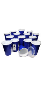 Bulk-pack of 15 reusable plastic party cups with lids.  16oz, double-wall, BPA-free, dishwasher safe