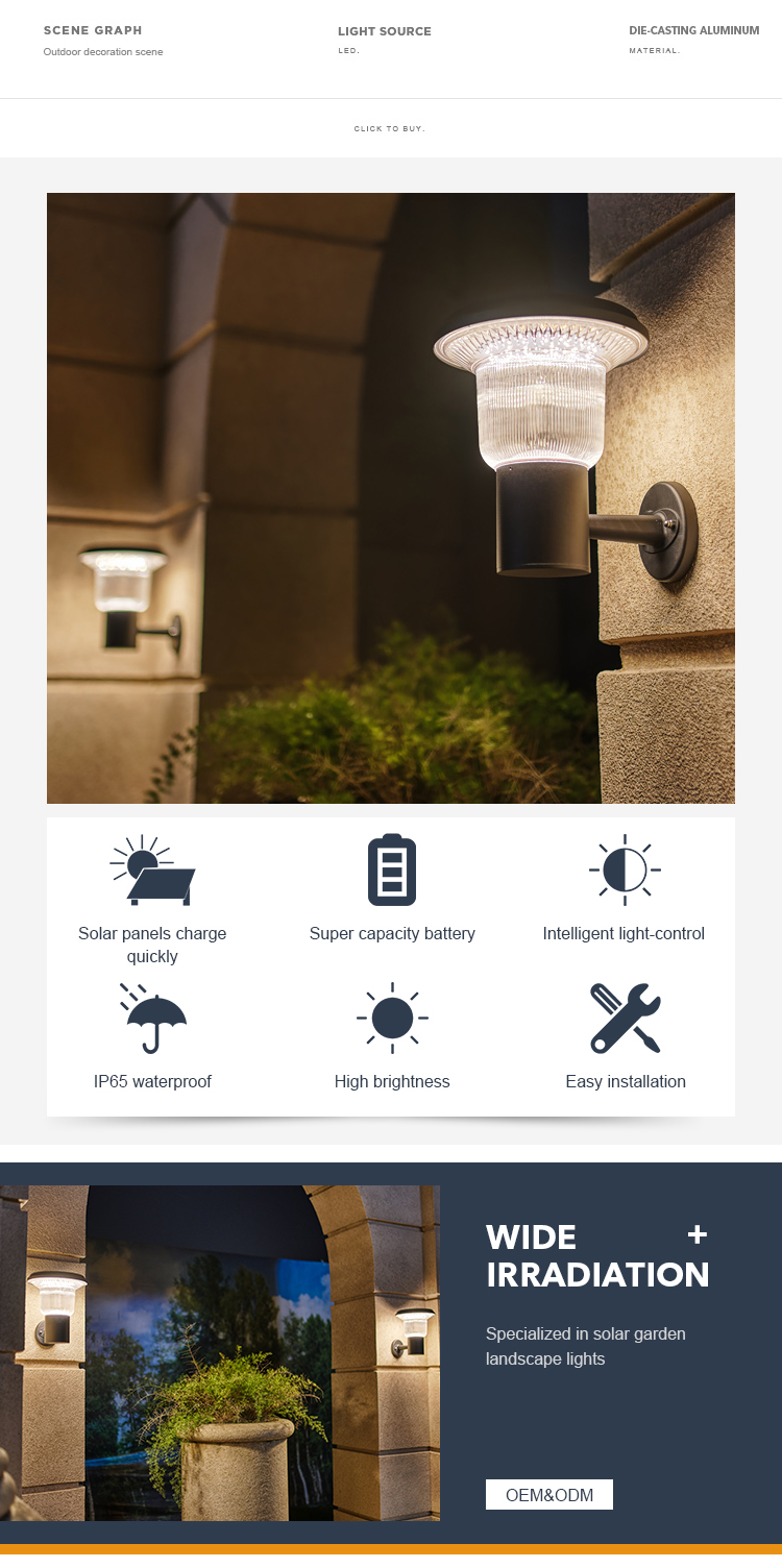 3000K 6000K LED Garden Solar Wall Light For Outdoor Step Fence
