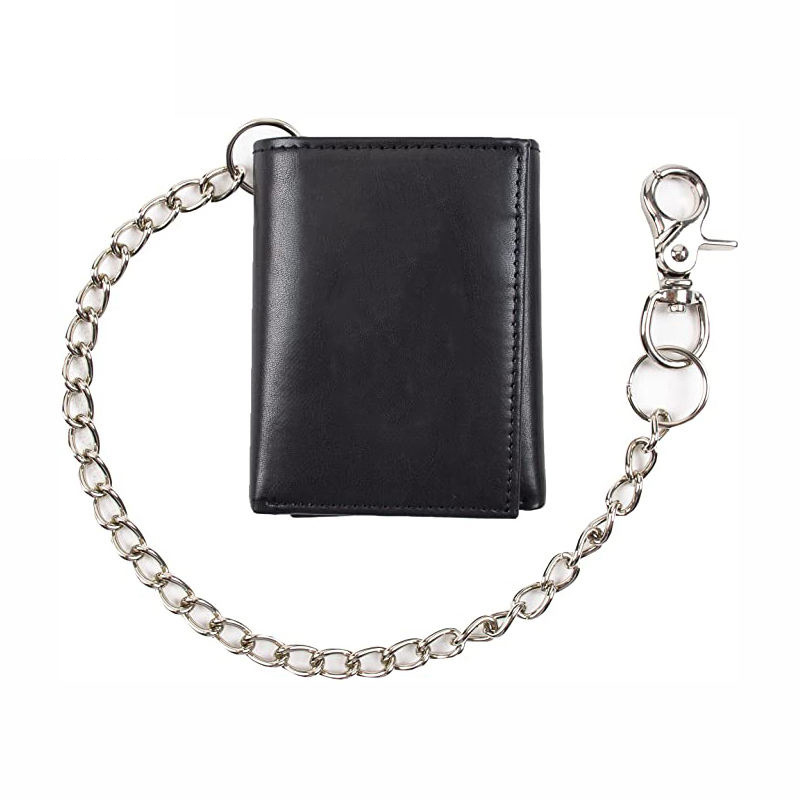 Genuine Leather Men's Trifold Chain Wallet Anti-Theft Design and Credit Card Pockets