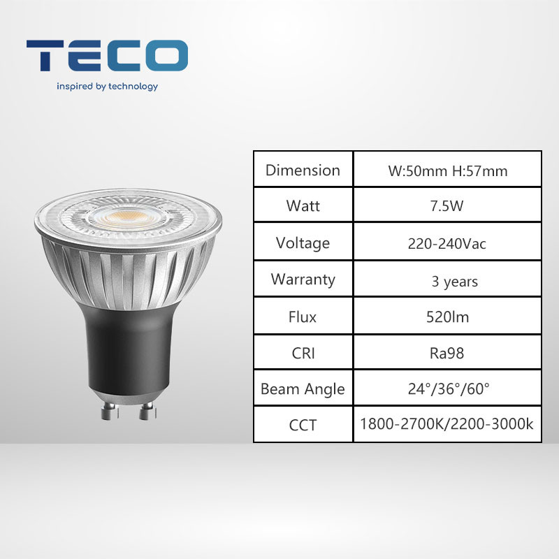 Premium GU10 Led Spot Light Bulbs 7.5W 1800K To 2700K Dim To Warm 24 Degree Ra98