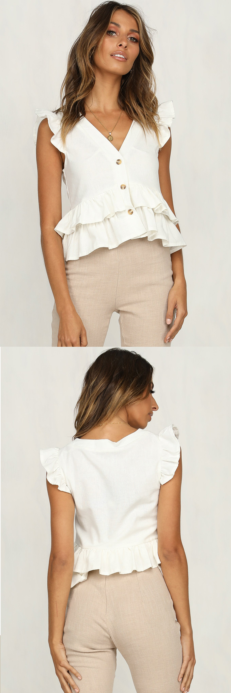 Wholesale Clothing White 100% Cotton V Neck Lady Top