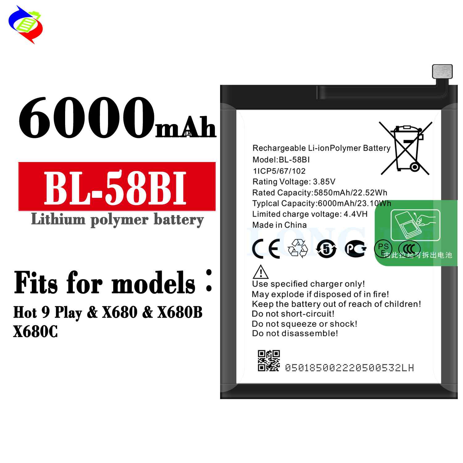 Silver AAA BL-58BI 3.7V 2100mAh Lithium Rechargeable Battery for itel Hot 9 Play