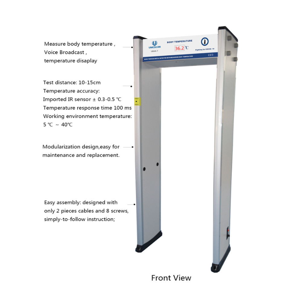 High Accurate Walk Through Metal Detector Human Temperaturer Testing Display Function