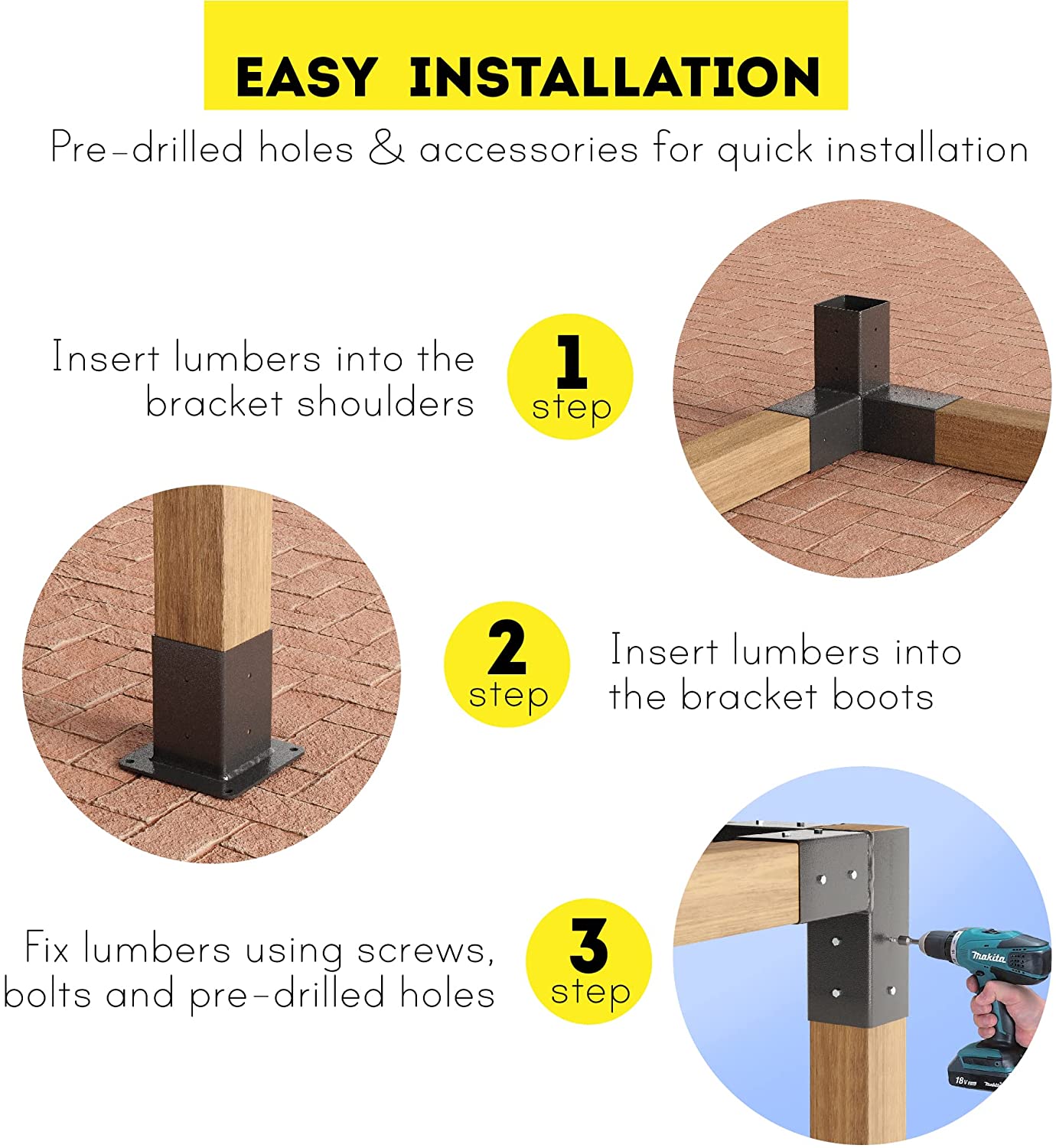 Standard Size 3 Arm Anchor and Wood Post Base Metal Pergola Brackets Kits for Outdoors