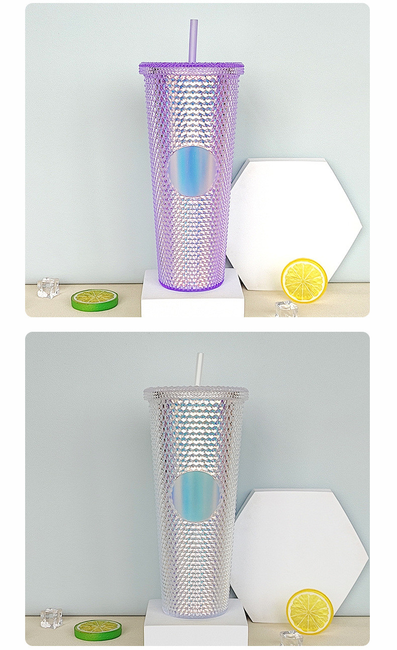 Studded Tumbler With Straw Tumblers With Lids And Straws Pink Tumbler With Straw Textured Cup BPA-Free Double-Wall Plastic Tumblers For Iced Coffee