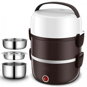 China 220V Portable Lunch Box Cooker Three Layers Stainless Steel Dark Brown OEM on sale
