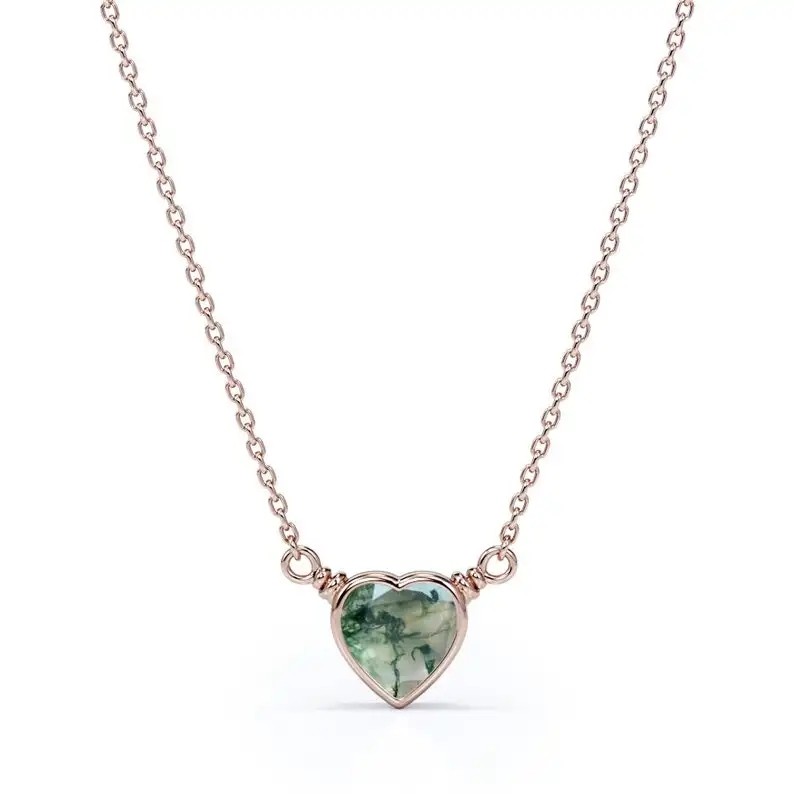 S925 Simple Natural Light Brilliant Elegant Green Moss Agate Necklace Heart Shaped