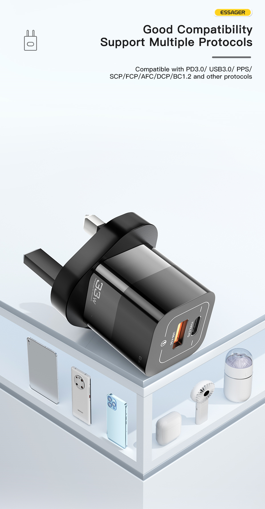 Essager 2022 Square Brick Phone Type C Port USB Travel Wall Charger Micro 33w 30w 5A