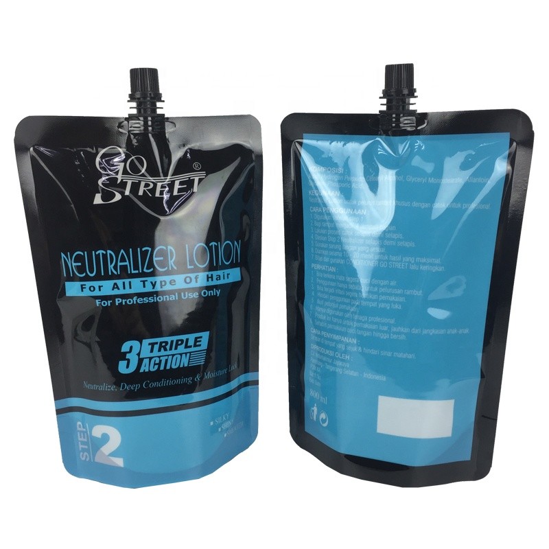 custom printing stand up pouch glossy plastic spout doypack liquid hair lotion packaging bag