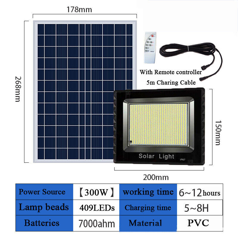 300W Super Power Solar Flood Light Outdoor Street Sport Remote Controller Timing