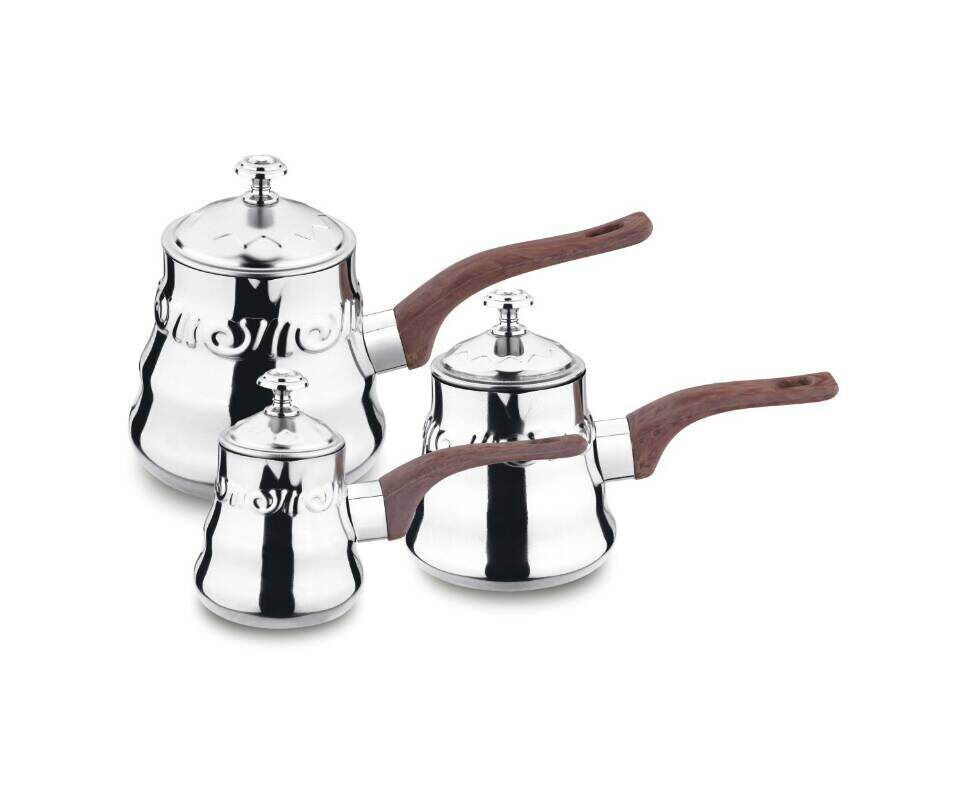 Middle east type stainless steel browen color 3 pcs milk cup with lid and bakelite handle & tea pot & coffee pot
