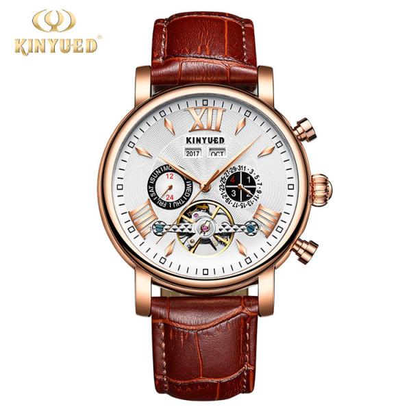 KINYUED oem waterproof custom logo leather fashion tourbillon skeleton wrist