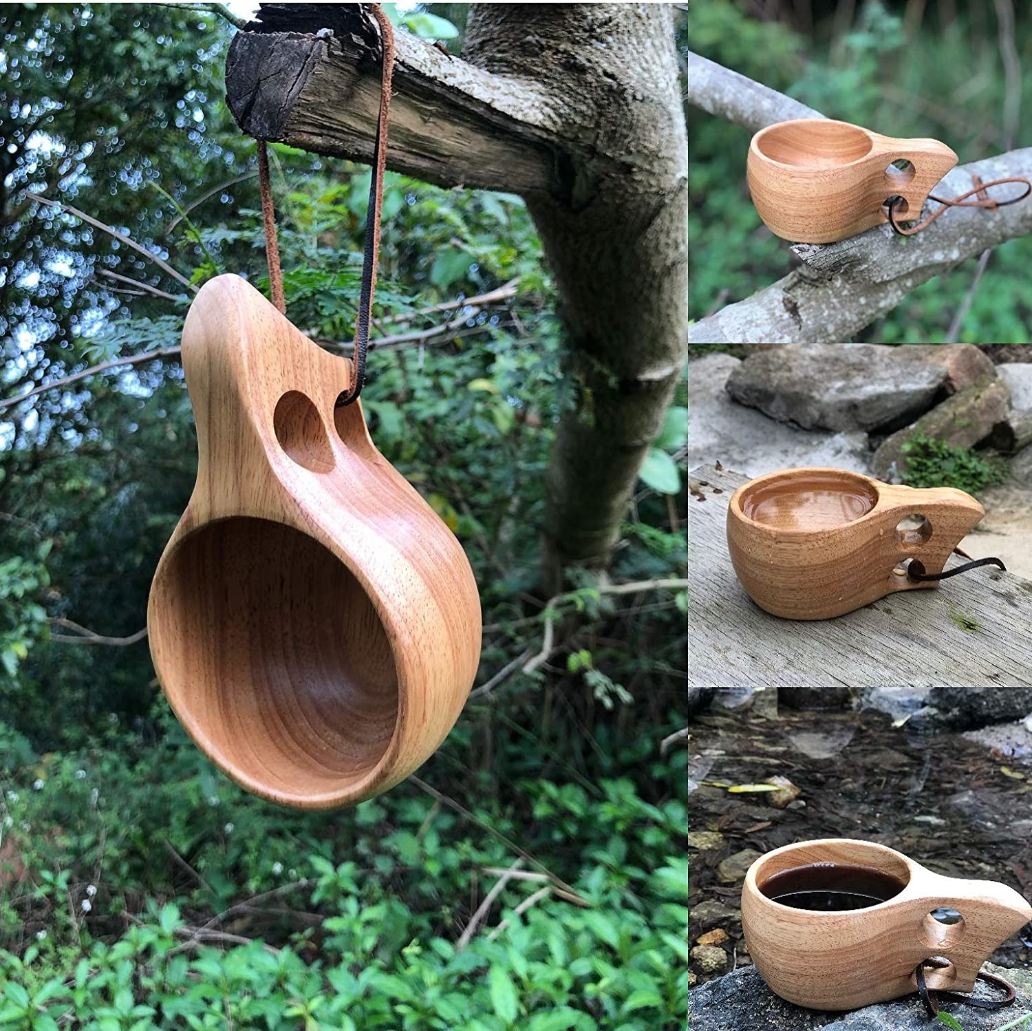 Eco Friendly Oak Wooden Drinking Cups 2.5 inch Height Lightweight With Carabiner
