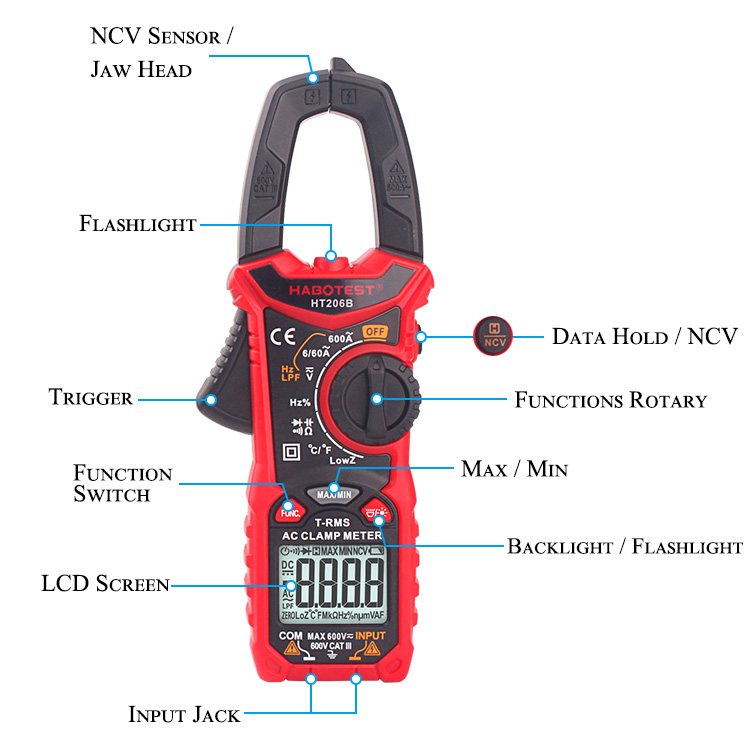 HT206B Auto Range Digital Clamp Meters , 600A AC Current Clamp Meter