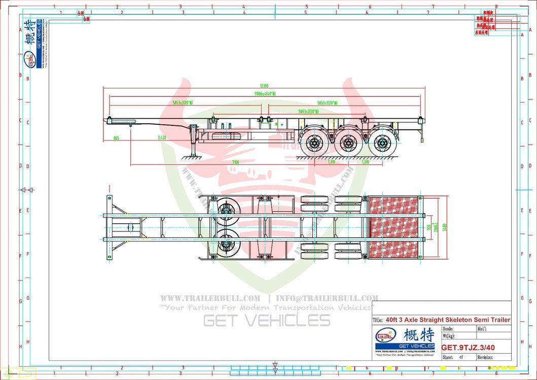 40FT ISO Straight Skeleton Truck Trailers with 3 Axles for Heavy Duty Container Transit