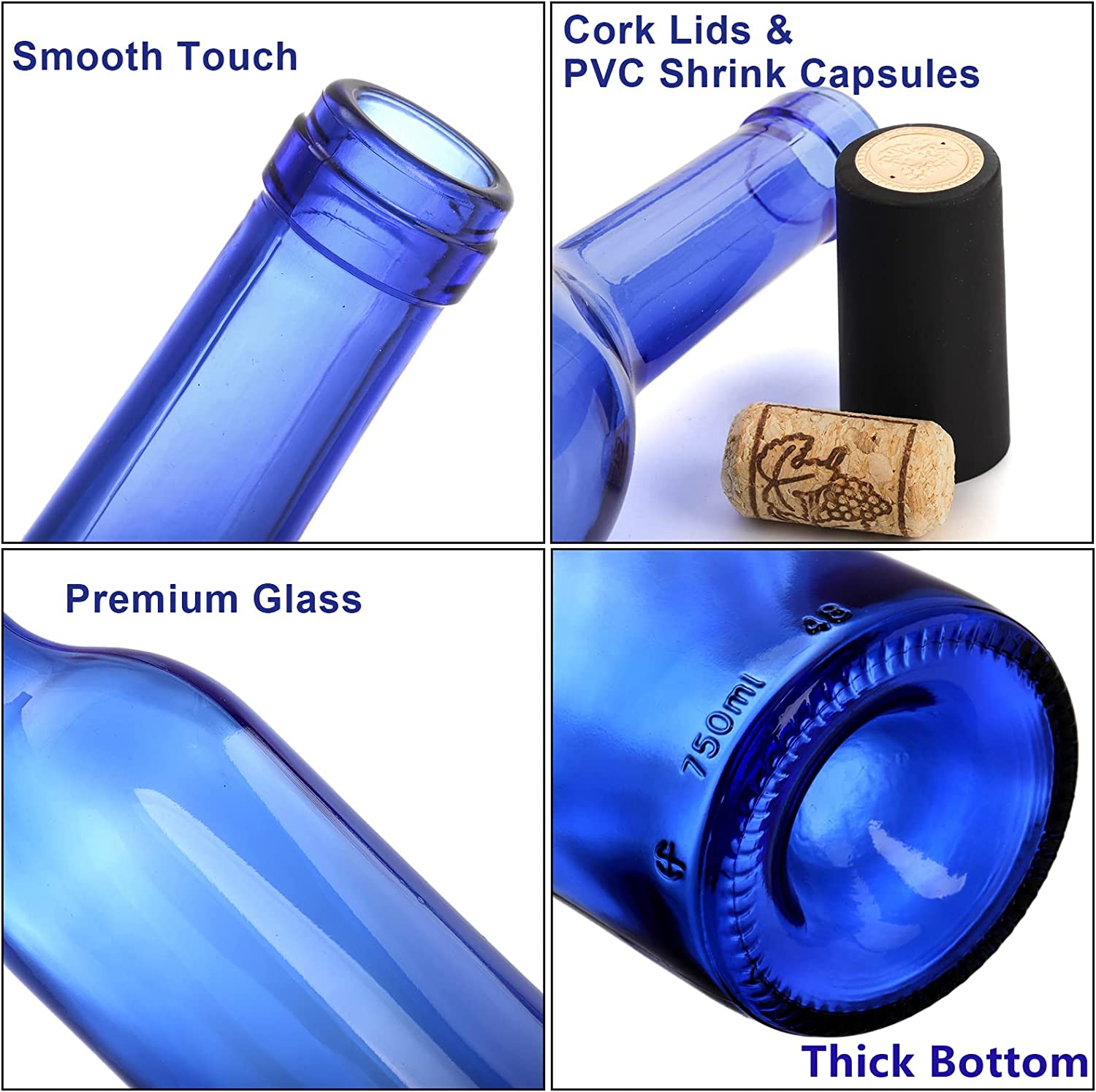 750ml Glass Bottles for Vodka Champagne Juice Beverages Decorations Cobalt Blue Round