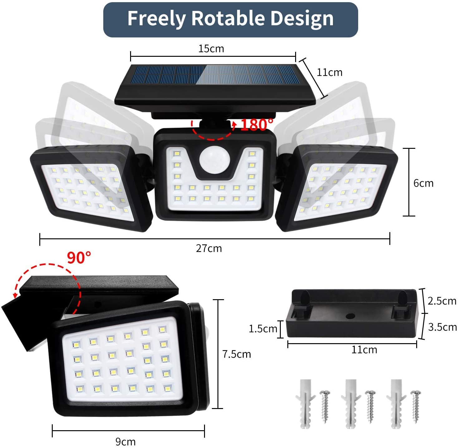 72LED IP65 3 Head Solar Security Light With Motion Sensor 360 Degree