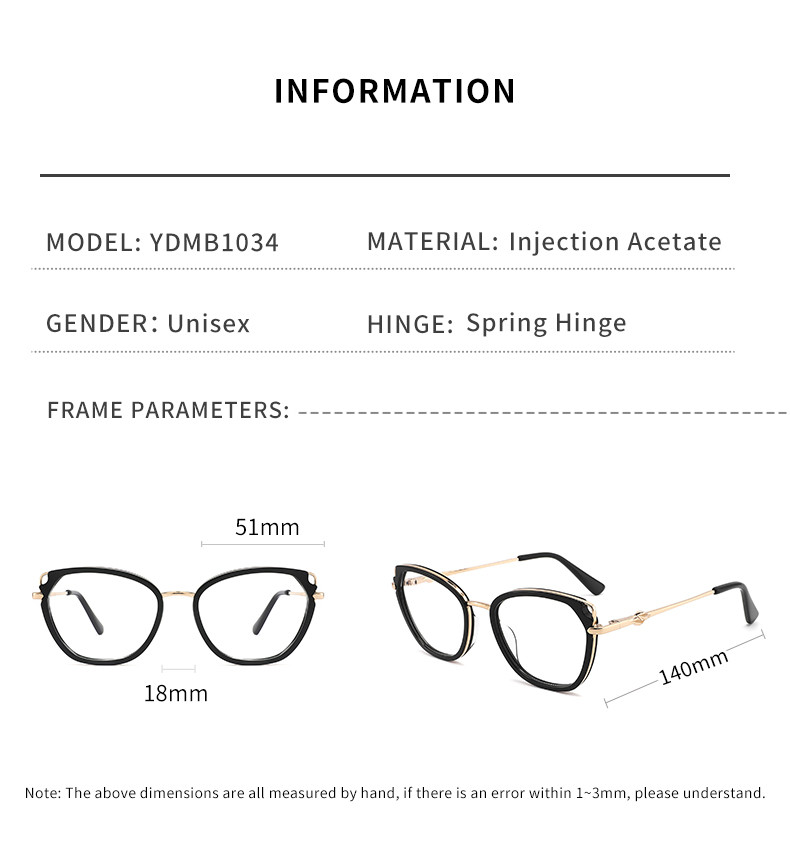 Optical Acetate And Metal Eyeglasses Slim Metal Temples Cat Eye Shape For Women