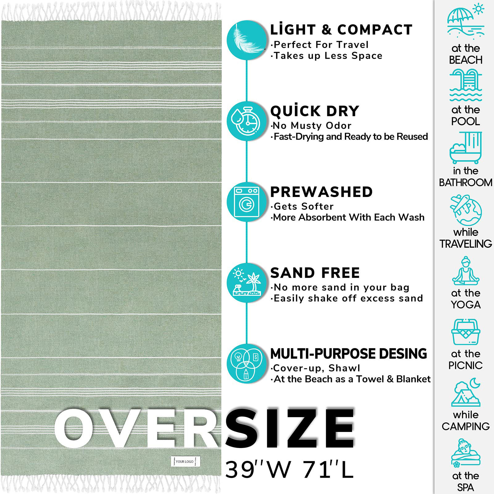 Personalized Super Absorbent Oversized Cotton Beach Towel Sustainable and Lightweight