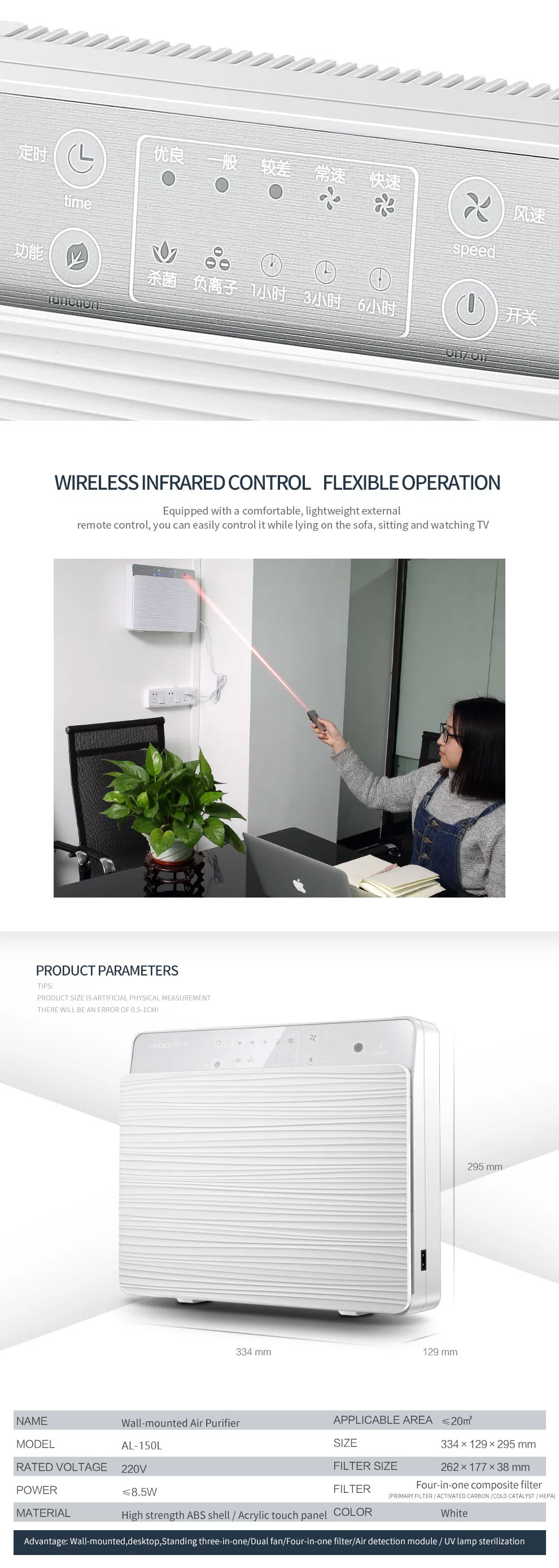 OEM Wall Mounted Air Purifier 400m3/h Silver Ion Plasma Sterilization