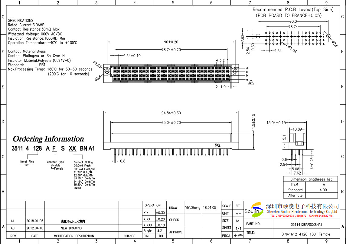 Staright H11.5 Din 41612 Connector Four Row 128p Right Angle