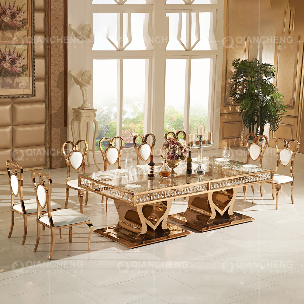 Rose Golden 244x122x75cm Glass Metal Dining Table With Crystal Pendant