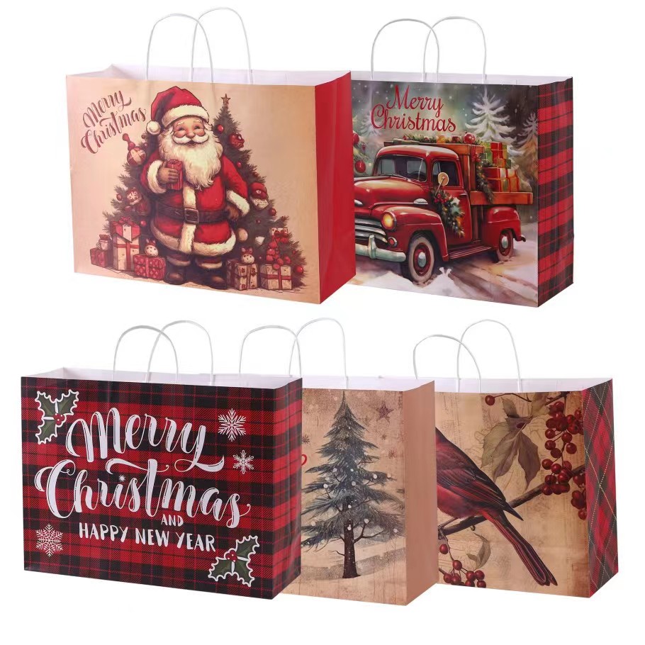 Food Grade Paper Kraft Christmas Gift Bags 230gsm 250gsm Ribbon Handle