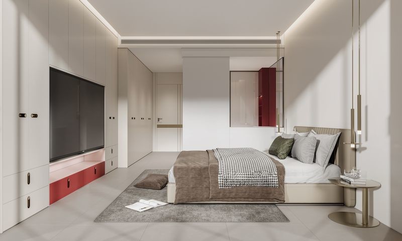 Beige And Red Accents Stainless Steel Full-Height Bedroom Wardrobe Cabinet