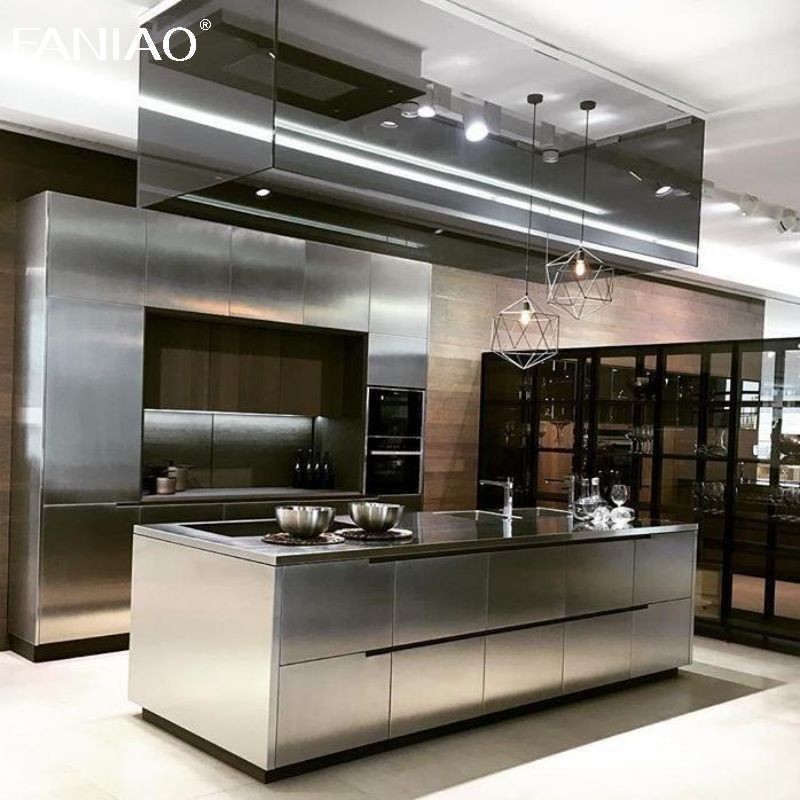Customized Aluminum Simple Design Full Set Modern 304 Stainless Steel Kitchen Cabinet With Island