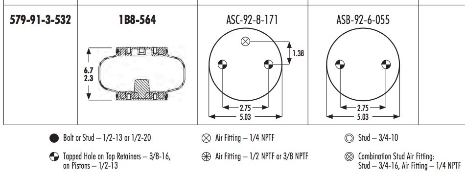 1B8-564 Goodyear Air Spring 579-91-3-532 With Aluminum Plate 3/8-16 Bolts
