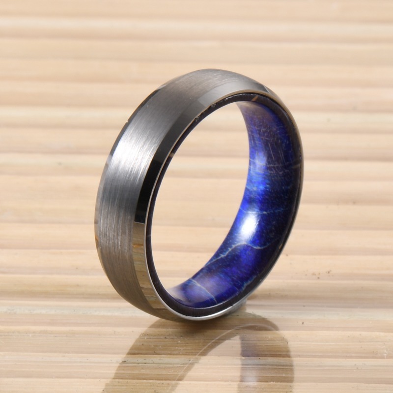 Sample Making 6mm Brushed Silver Tungsten Carbide Rings Inlay Blue Purple Box Elder Wood Flat Dome Beveled Edge Wedding Band