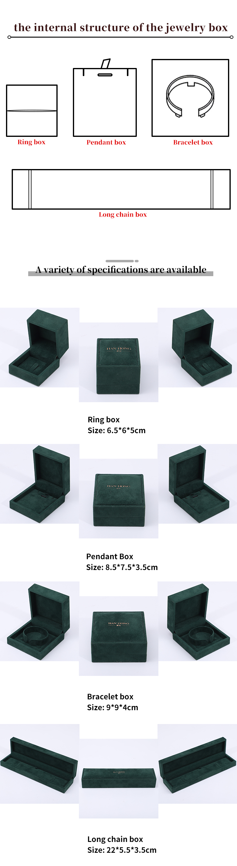 Wholesale Manufacturing Luxury velvet Jewellery Box Personalized Custom logo Dark green Necklace Bracelet Earrings Ring Packaging Velvet Jewelry Box